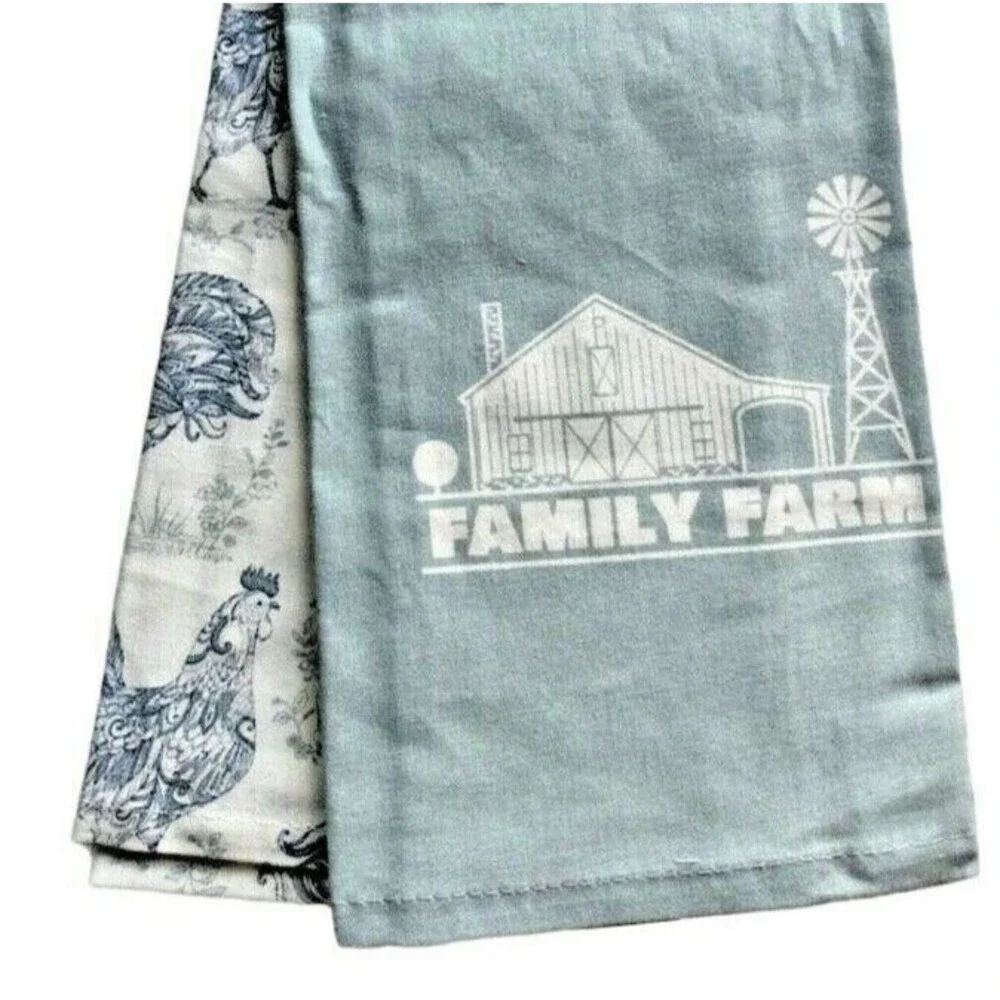 Farm Family Kitchen Dish Towels Set of 2 Sack Cloth Barn Windmill Chickens Blue